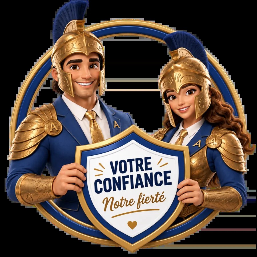 Illustration Athena AGGF avec deux personnages casqués tenant un bouclier confiance