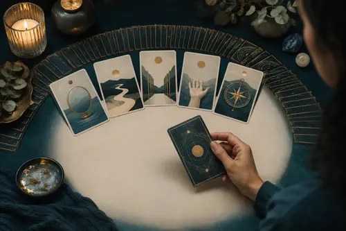 Cinq cartes de tarot disposées en éventail, une main tenant une carte sur une table